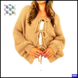 Oversized Bow Tie Front Cardigan Chunky Knit Sweater Open Front Long Sleeve